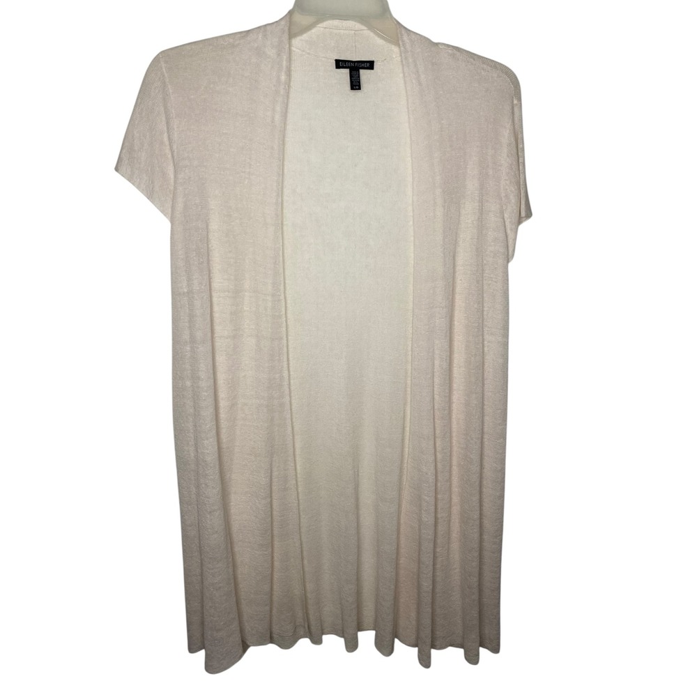 Eileen Fisher Womens Large Off White Sheer Linen Blend Open Long Tunic Cardigan
